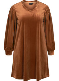 Velours jurk met lange pofmouwen, Brown ASS
