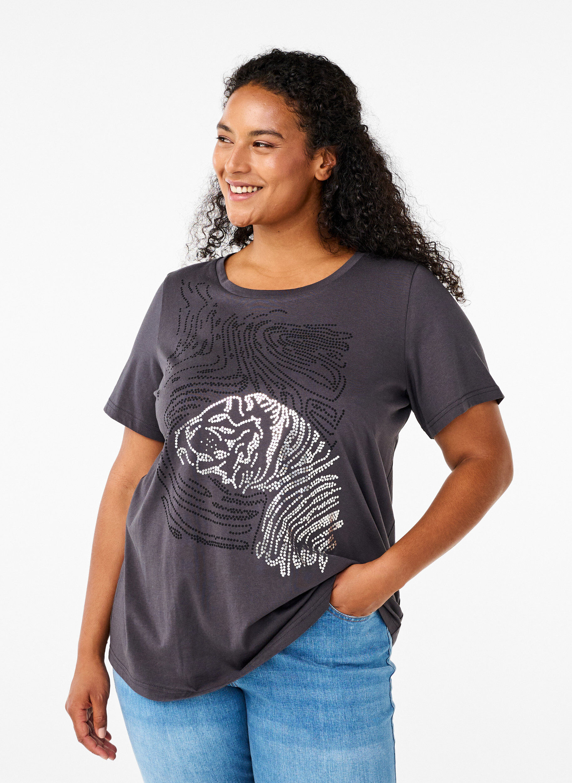 Zizzi Katoenen T-shirt met opdruk, Asphalt w. Tiger, Model image number 0