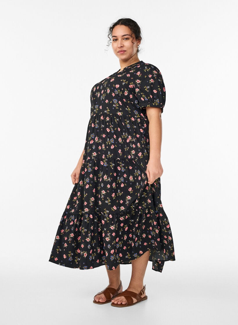 Enkellange jurk met korte mouwen en gelaagde ruches, Zwart, Model image number 0