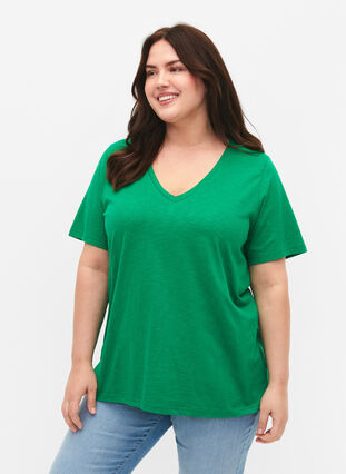 Basic t-shirt met korte mouwen en V-hals, Jolly Green, Model image number 0