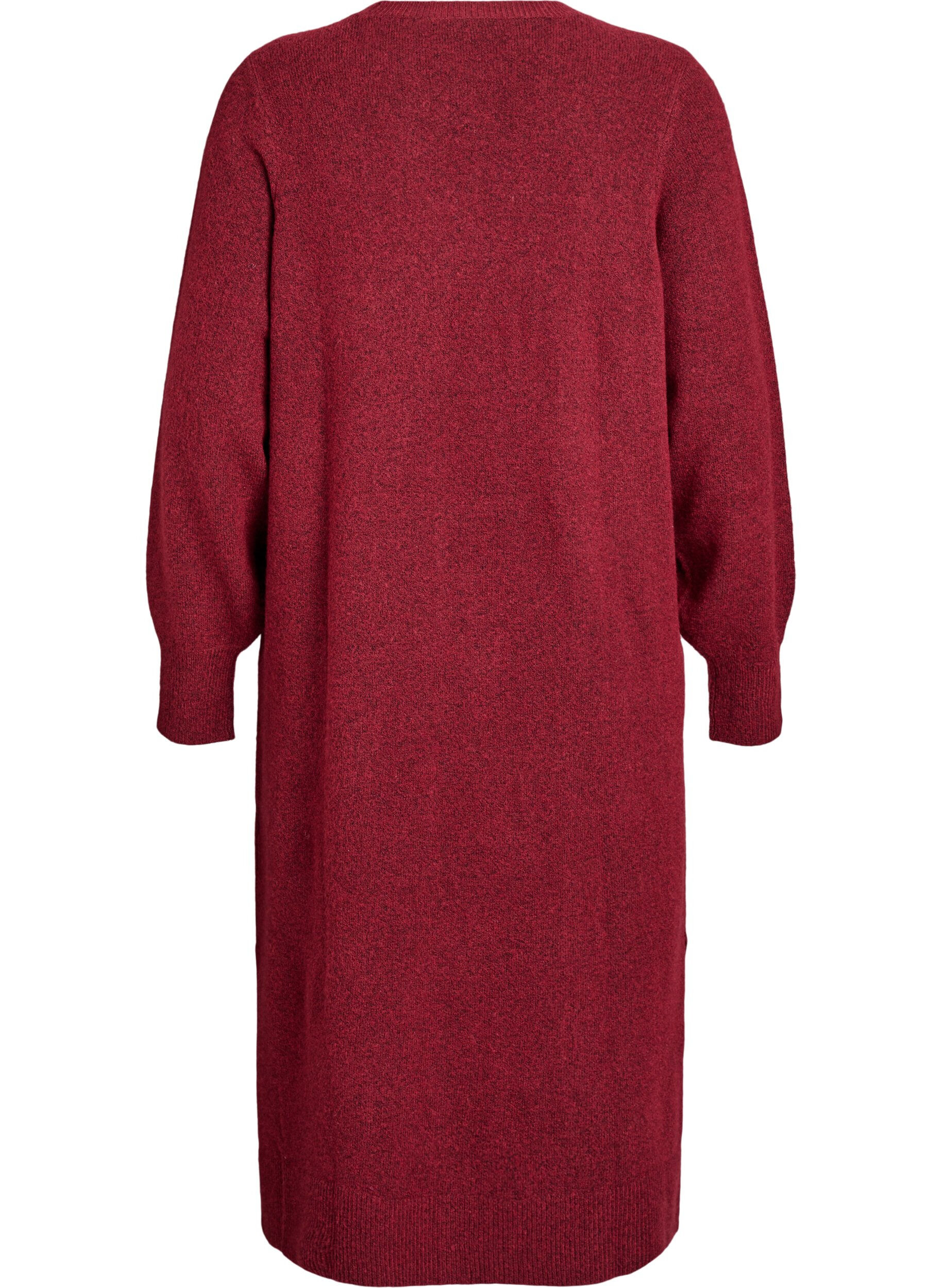 Zizzi Gebreide jurk met lange mouwen en V-hals, Rood, Packshot image number 1