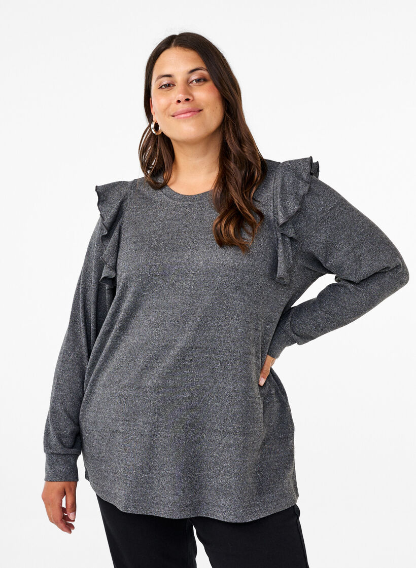 Blouse met lange mouwen en ruches, Dark Grey Melange, Model image number 0