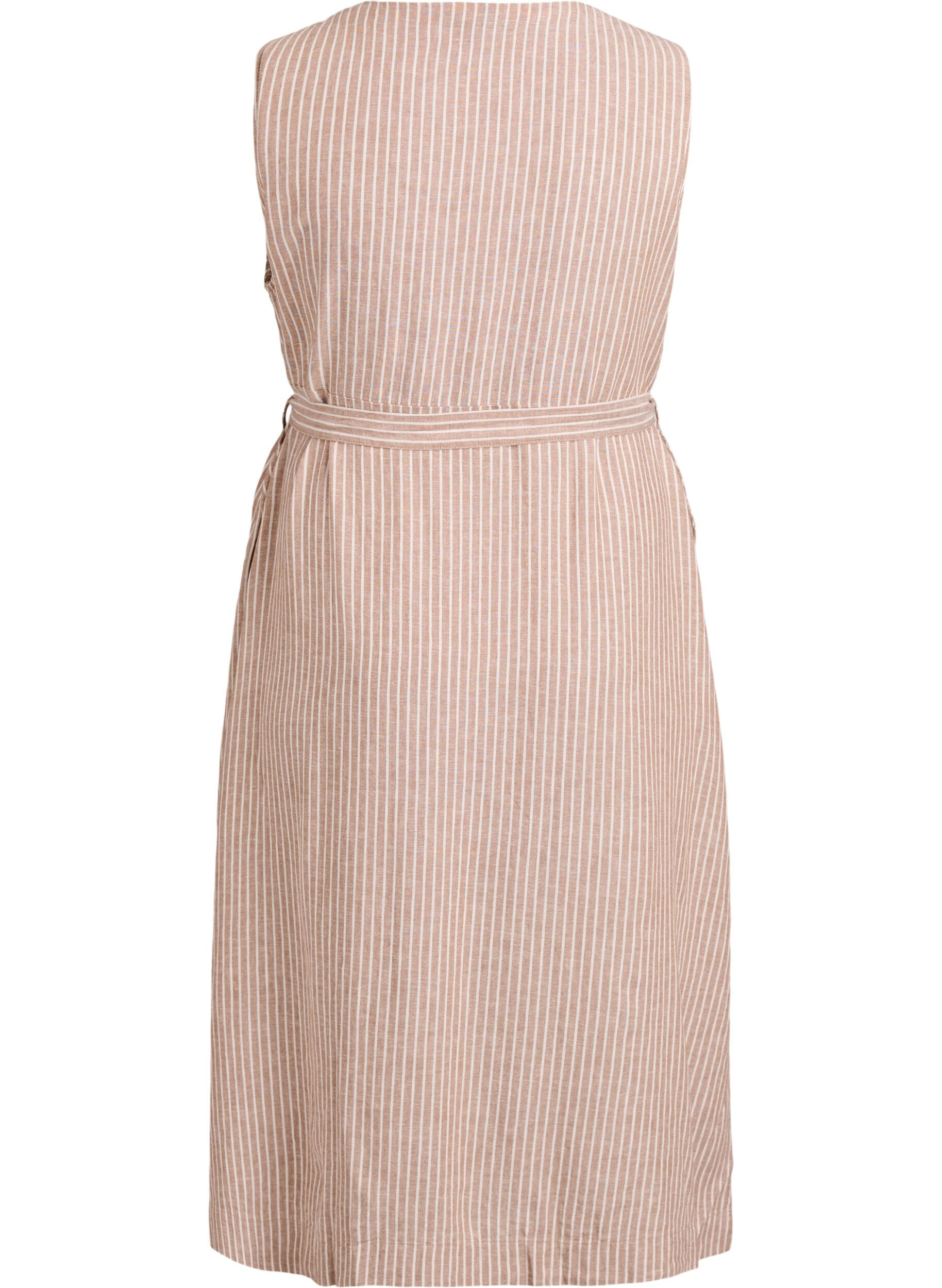 ZizziMouwloze gestreepte midi jurk in linnen en viscose, Beige, Packshot image number 1