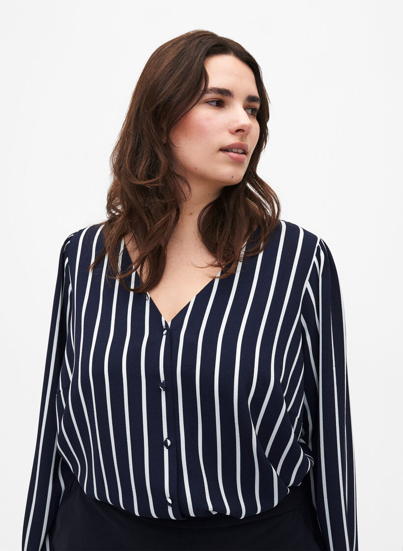 Blouse avec col en V et imprimé, Maritime Blue Stripe, Model image number 0