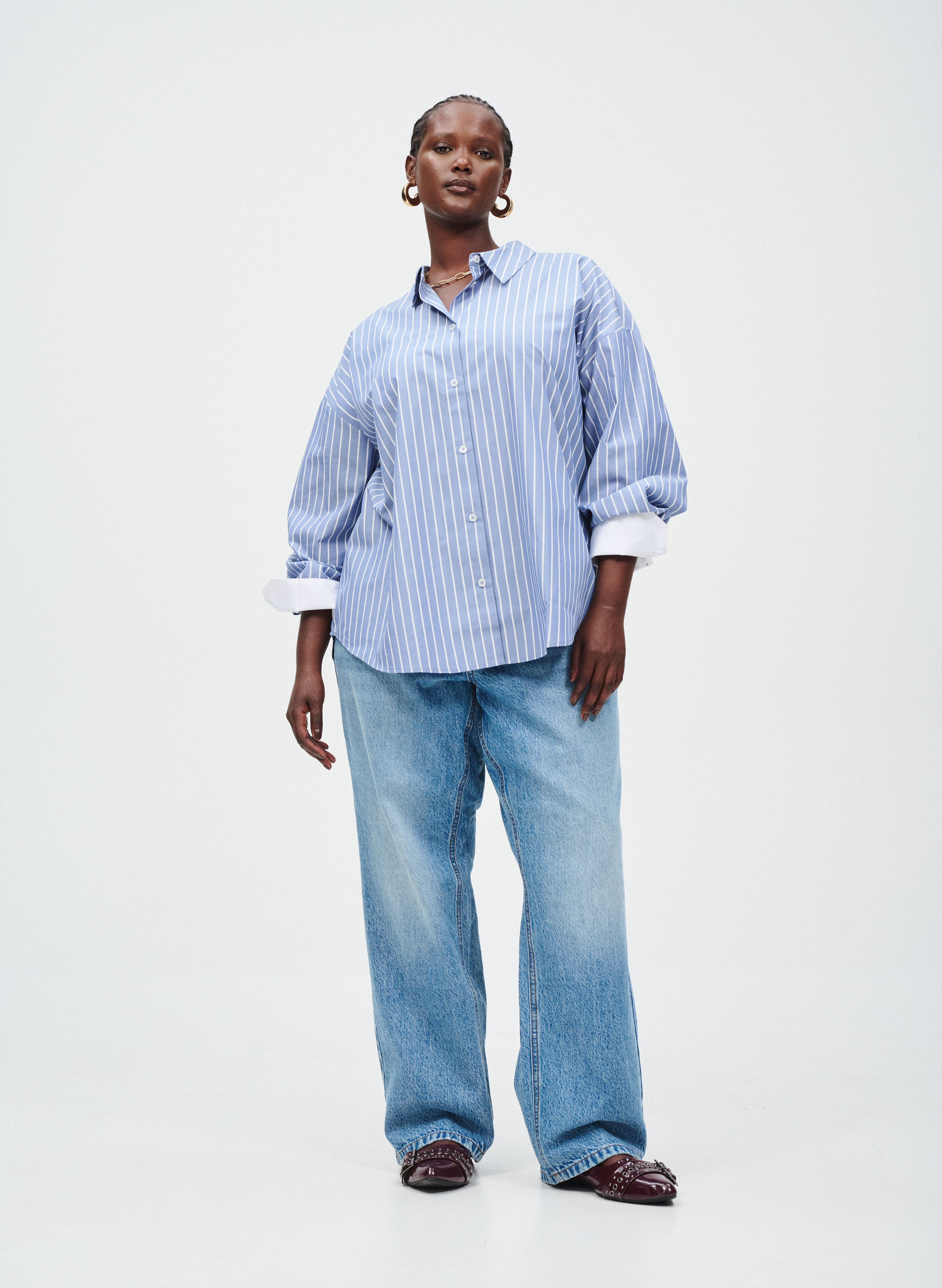 Zizzi Blauw shirt met strepen, , Model