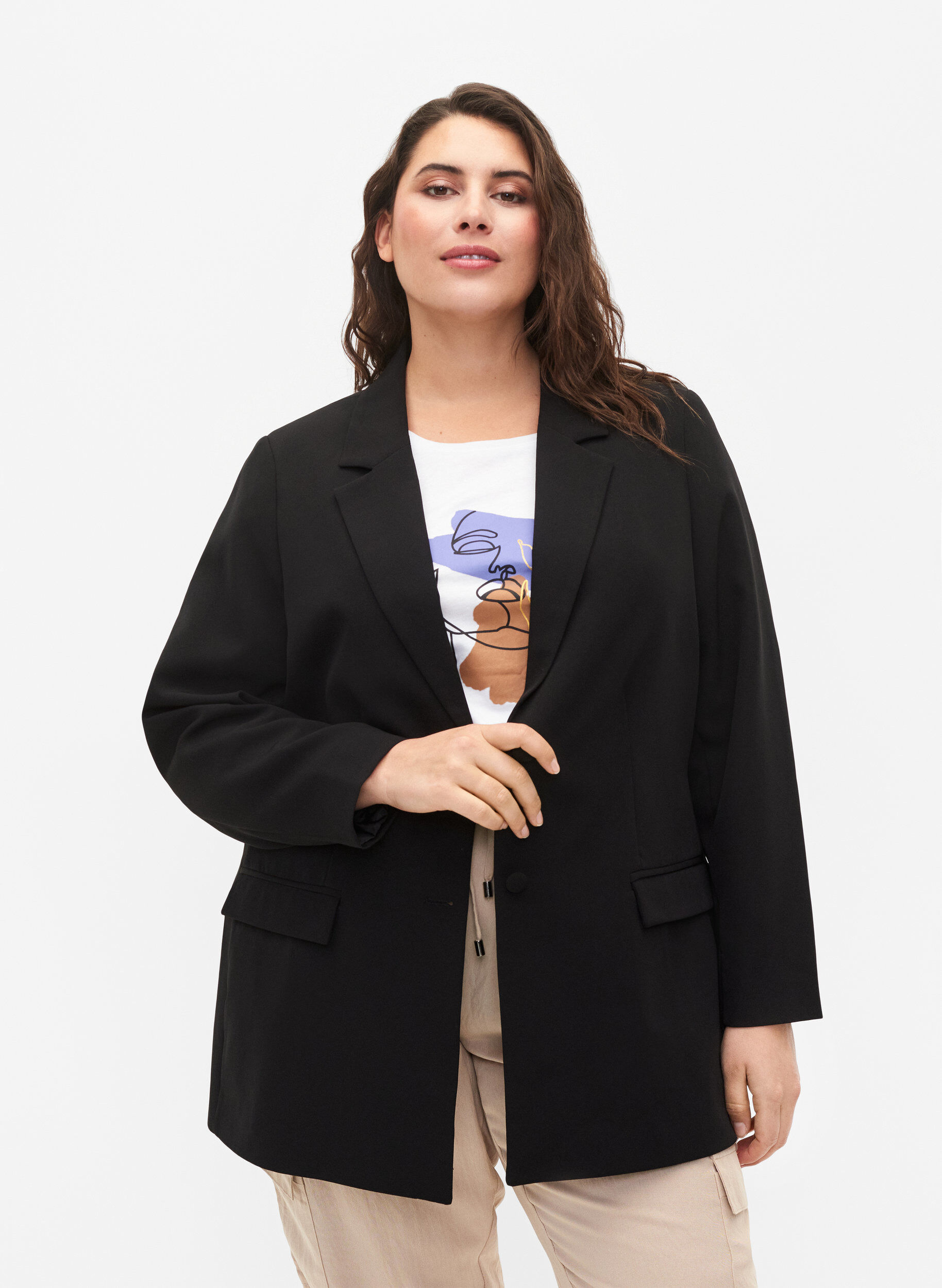 Zizzi Klassieke blazer met knoopsluiting, Black, Model image number 0