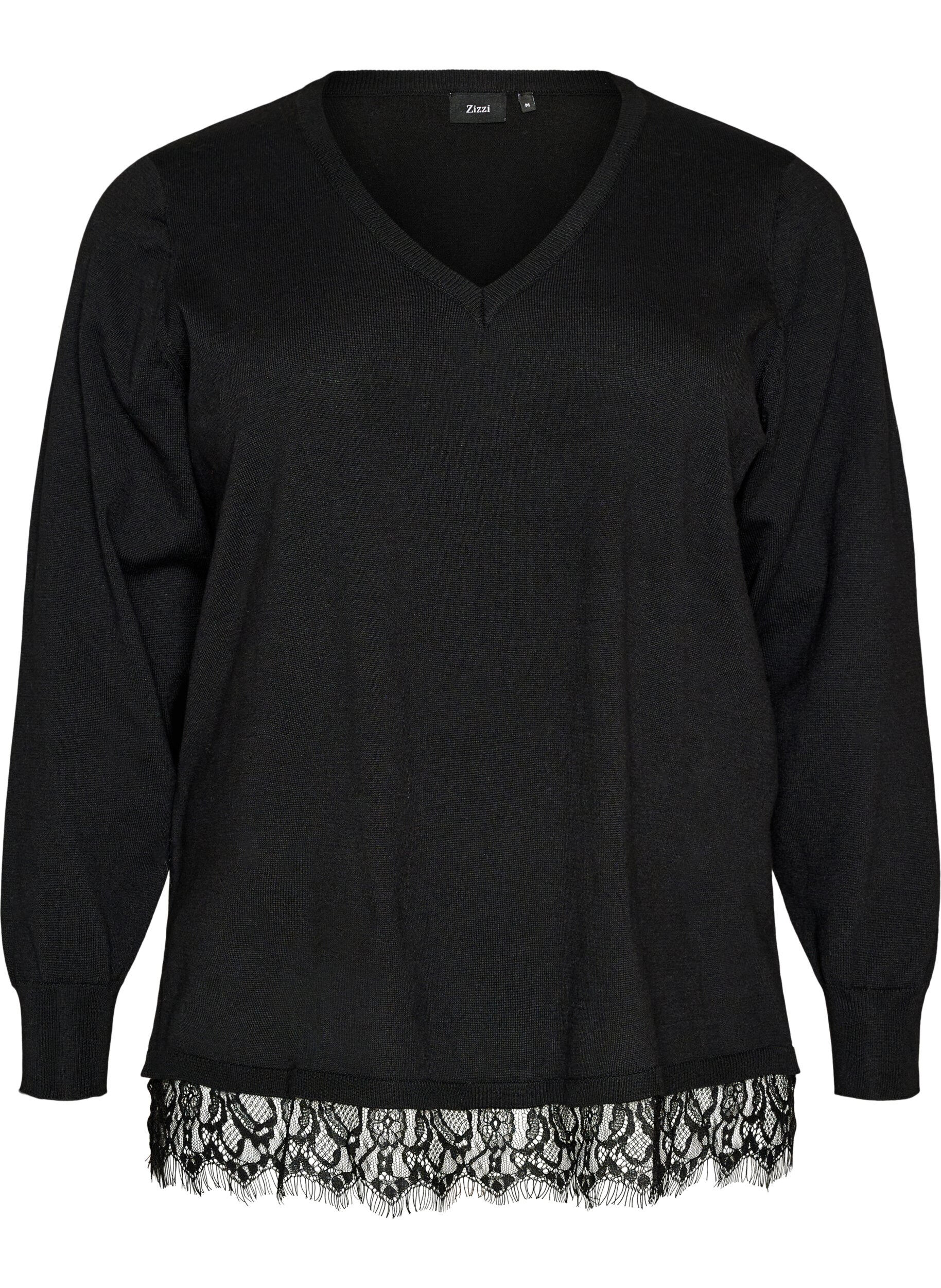 ZizziGebreide blouse met V-hals en kanten rand, Zwart, Packshot image number 0
