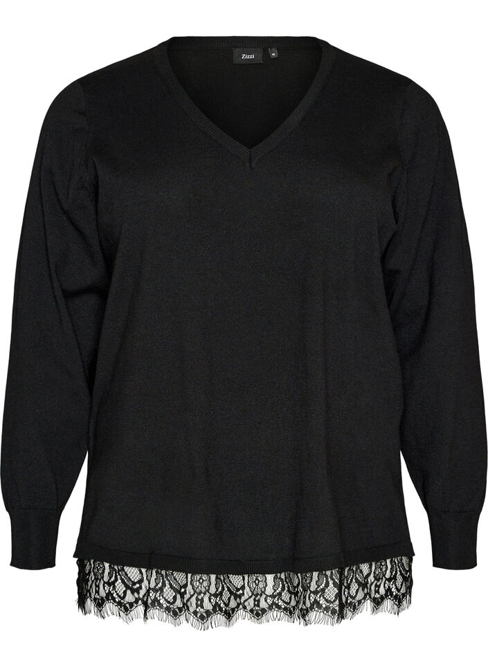 Gebreide blouse met V-hals en kanten rand, Zwart, Packshot image number 0