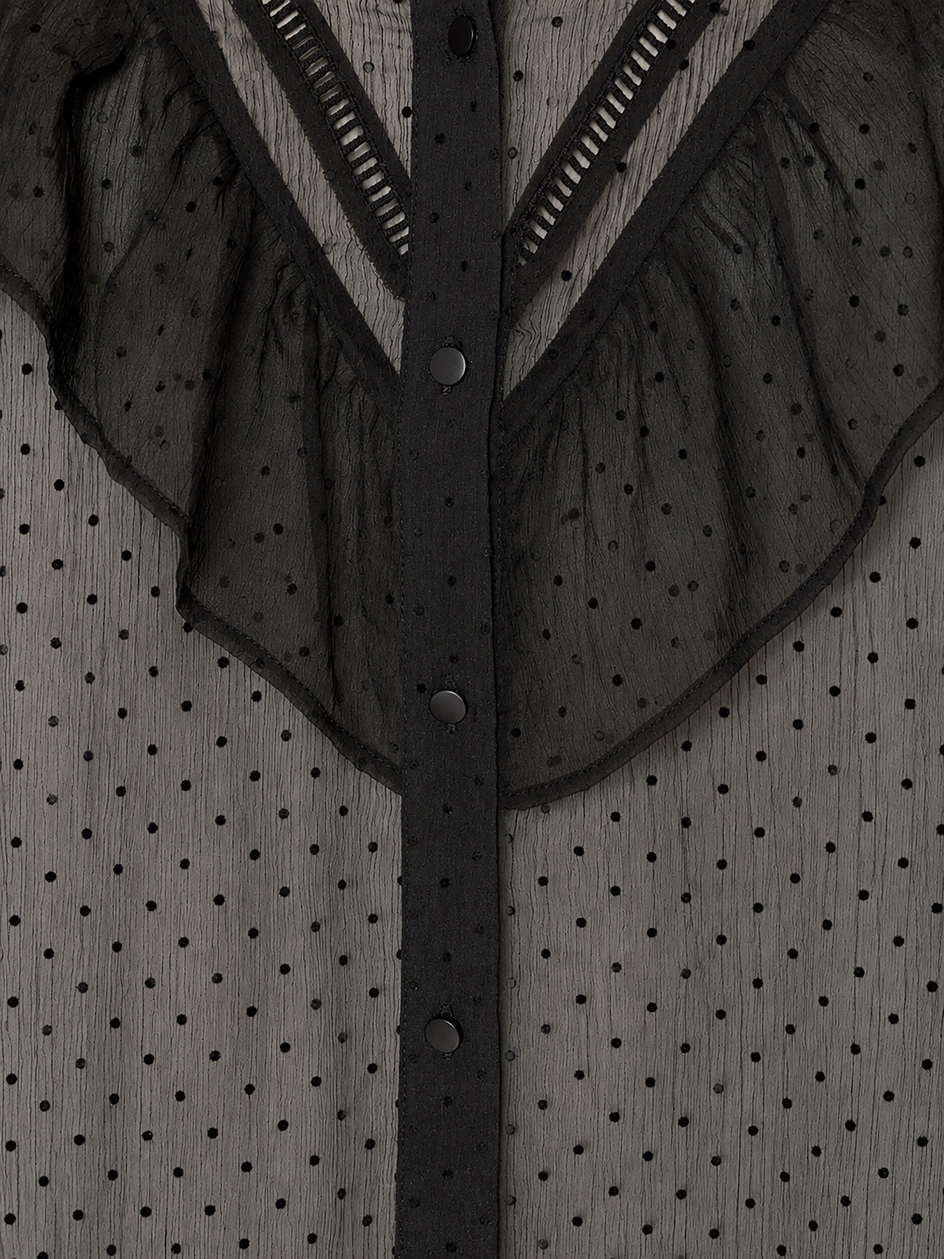 ZizziMidi-jurk in een lichte, transparante stof met stippen en ruches, Zwart, Packshot image number 3