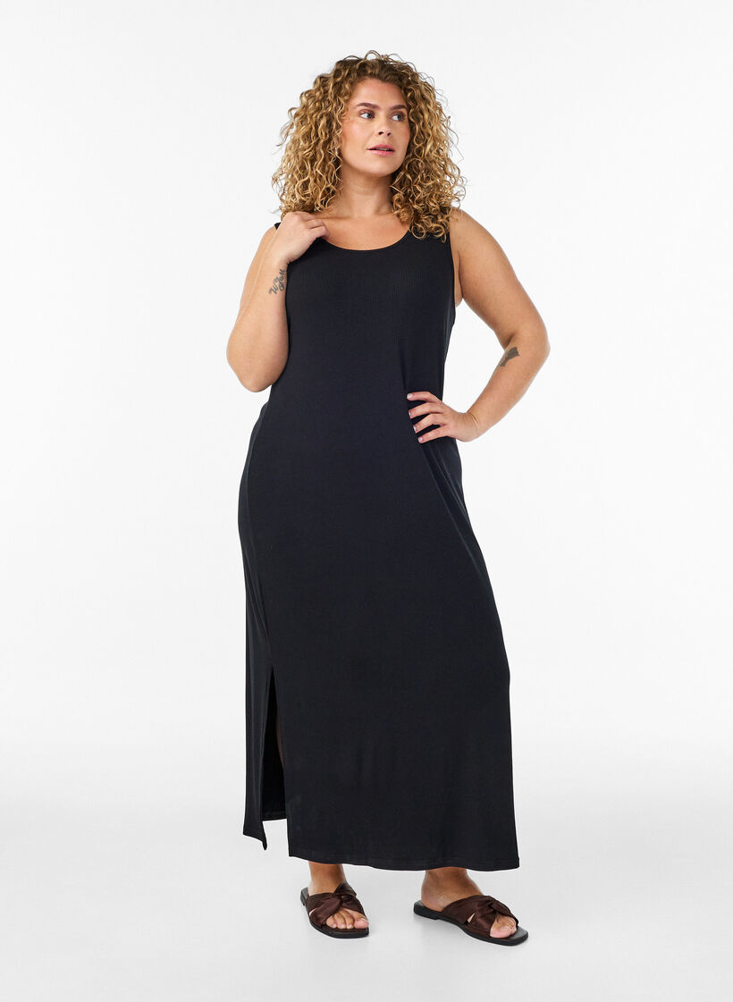 Mouwloze ribjurk van viscose, Zwart, Model image number 0