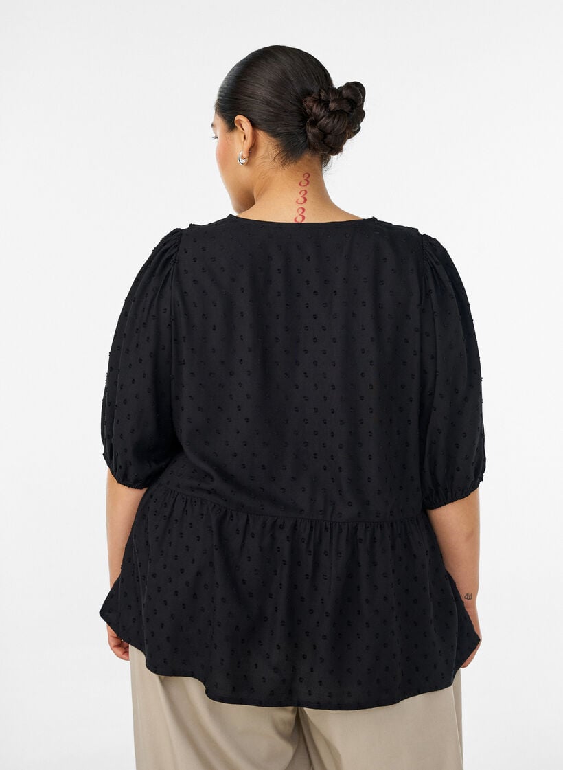 Viscose blouse met een stippenstructuur en V-hals, Zwart, Model image number 2