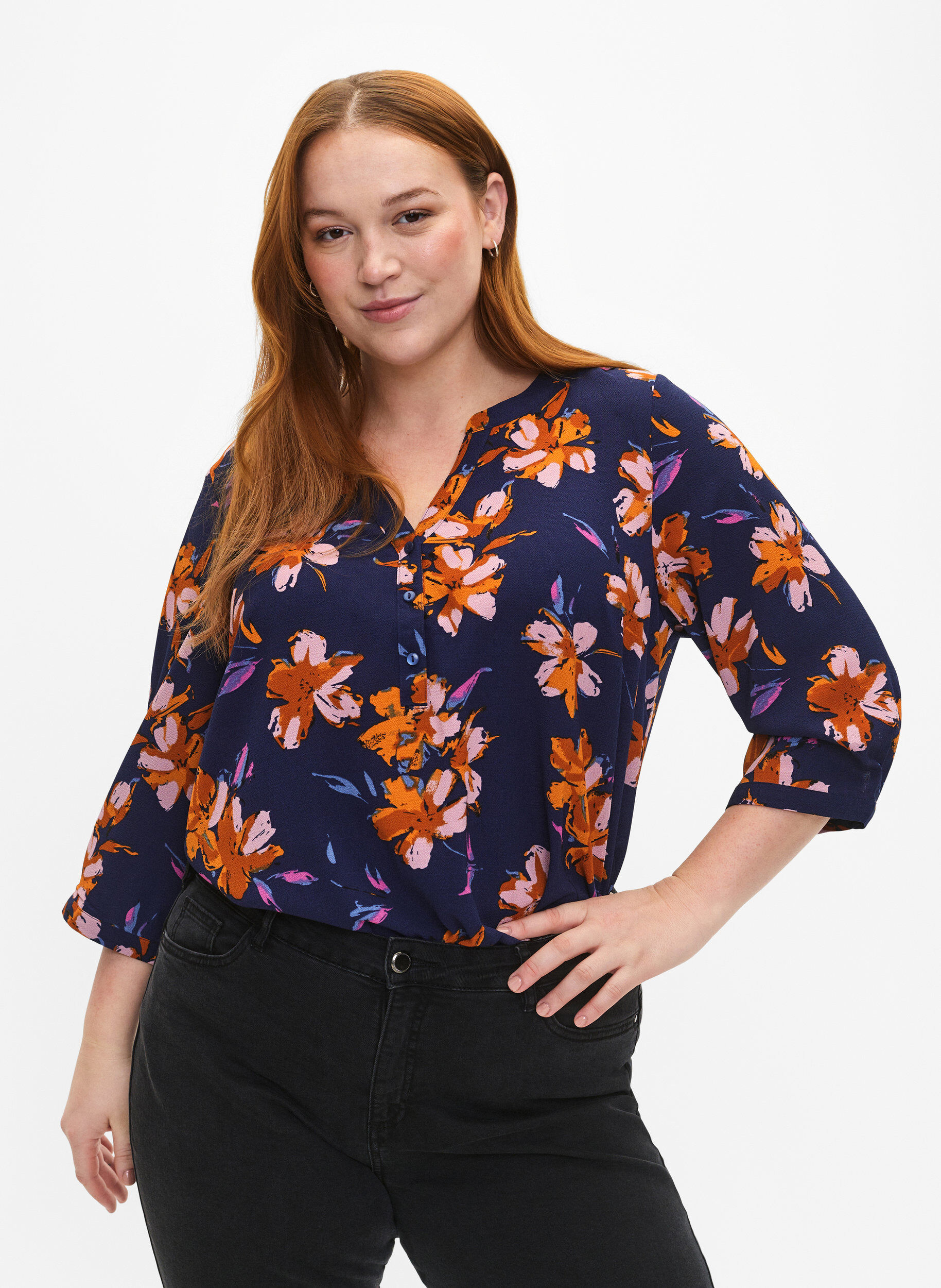 Zizzi Gebloemde blouse met 3/4 mouwen, Peacoat Flower AOP, Model image number 0