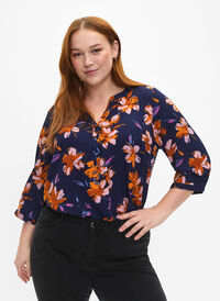 Gebloemde blouse met 3/4 mouwen, Peacoat Flower AOP, Model