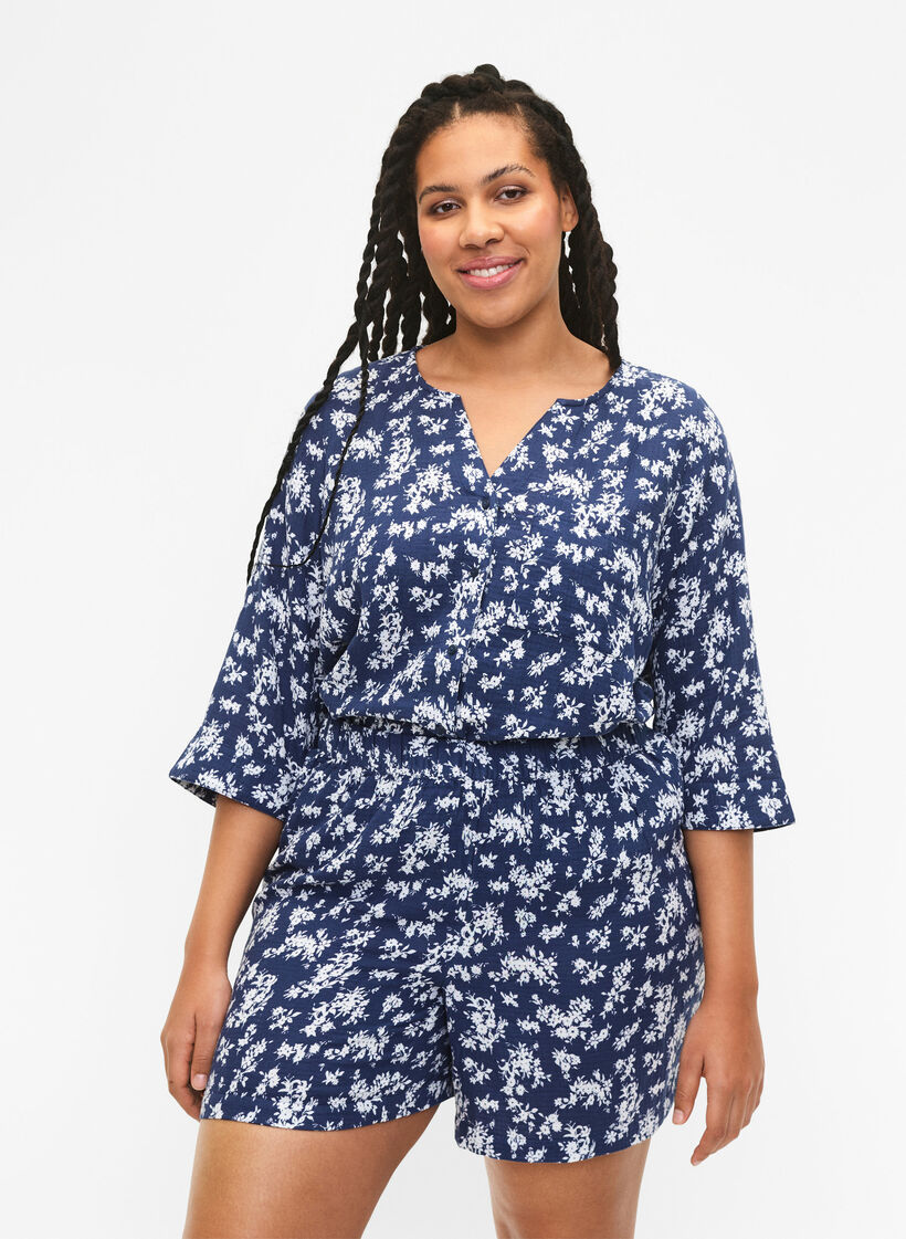 Gebloemde katoenen korte pyjamabroek, V. Indigo Flower AOP, Model image number 0