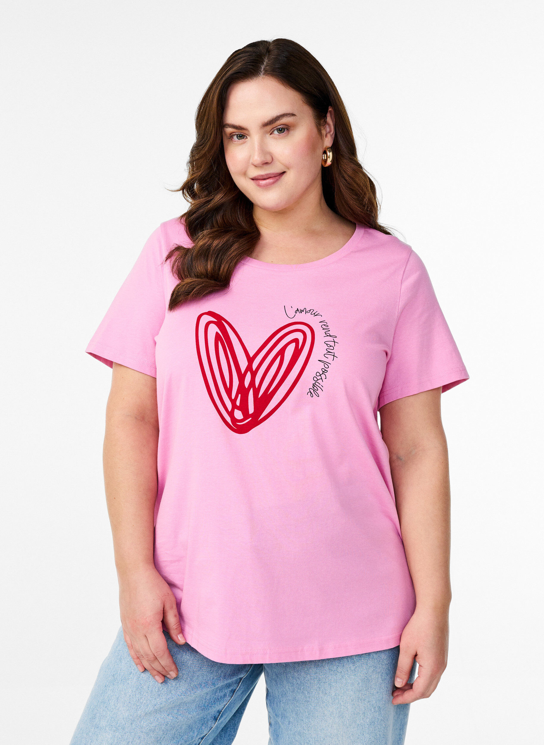 Zizzi Katoenen T-shirt met motief, Begonia P. w. Heart, Model image number 0