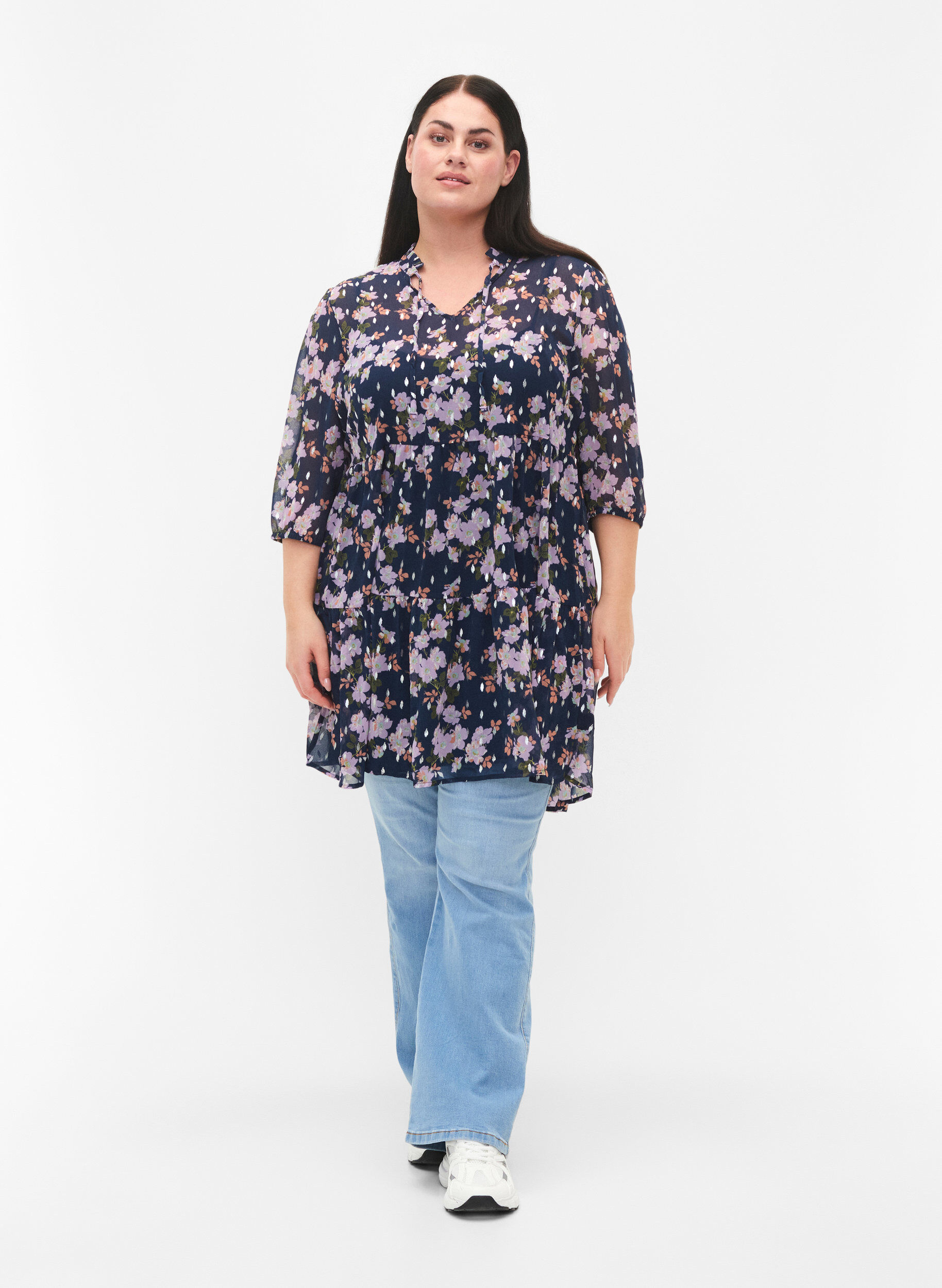 Zizzi Tuniek met bloemenprint en lurex, Blue Small Fl. AOP, Model image number 2