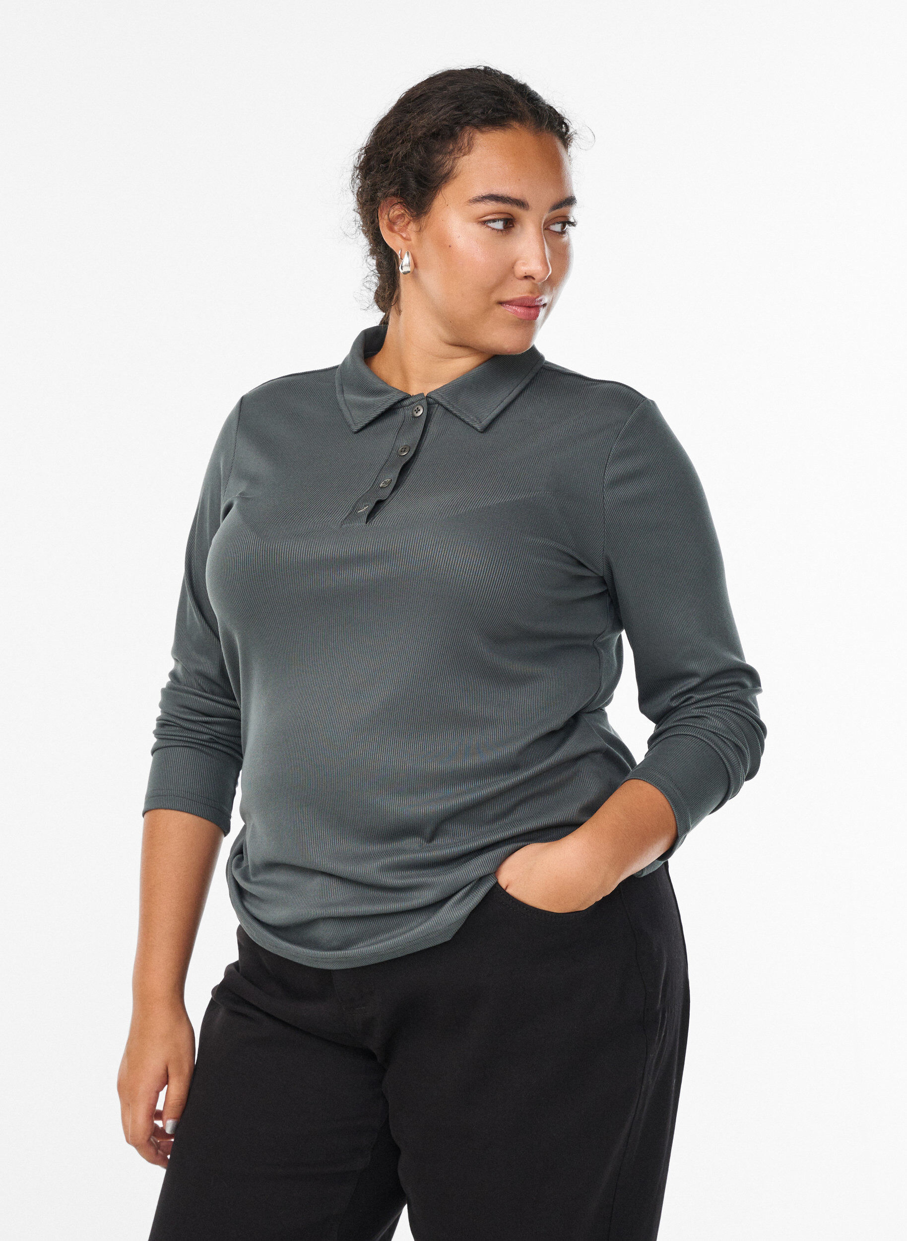 Polo in zachte rib met lange mouwen, Groen, Model