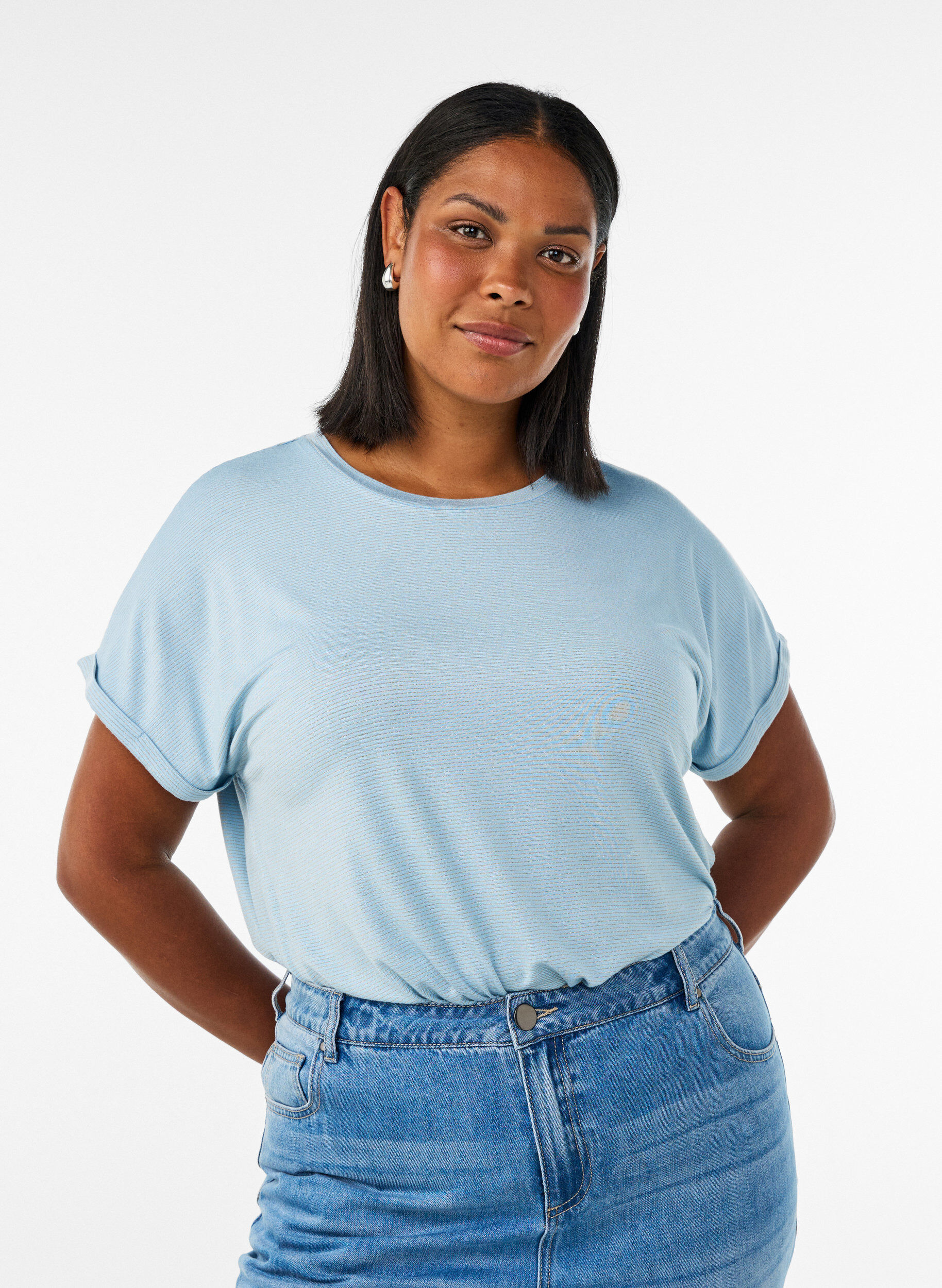 ZizziViscose T-shirt met glitterstrepen, Blauw, Model image number 0