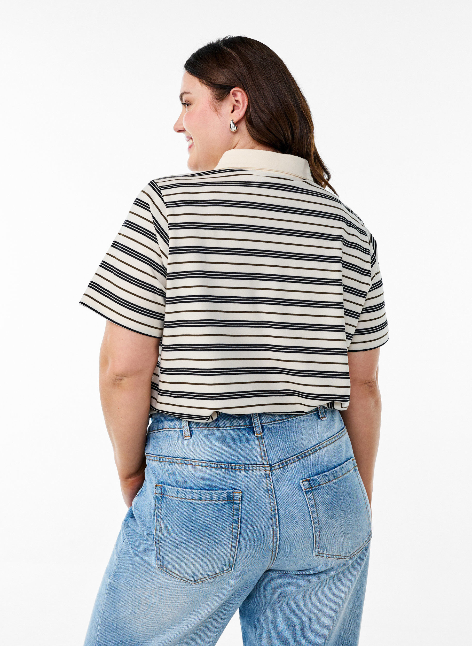 Zizzi Gestreepte poloshirt met korte mouwen, Wit, Model image number 2