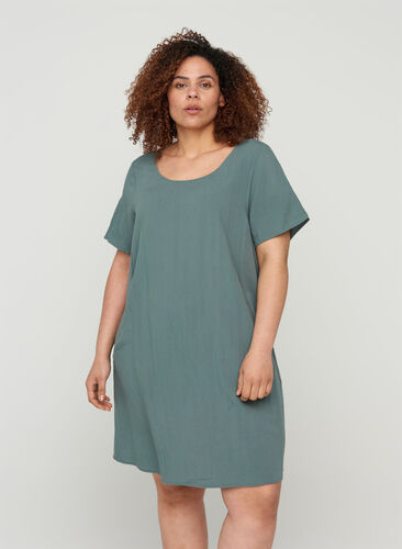 Viscose jurk met korte mouwen en zakken, Balsam Green, Model image number 0