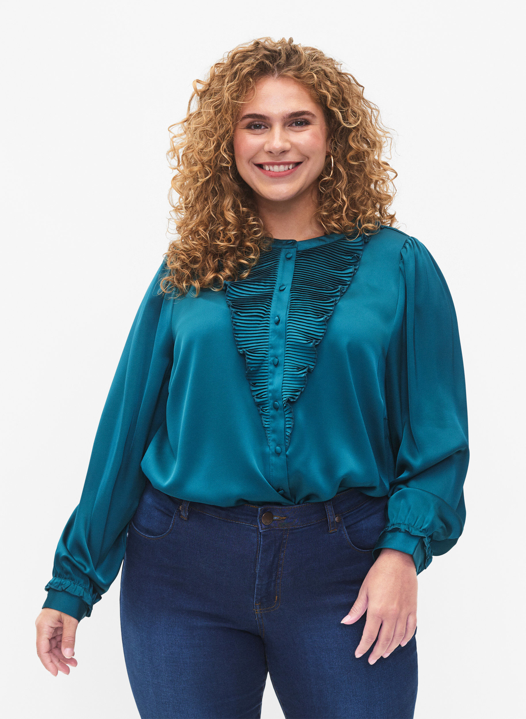 Zizzi Satijnen overhemd blouse met ruches, Shaded Spruce, Model image number 0