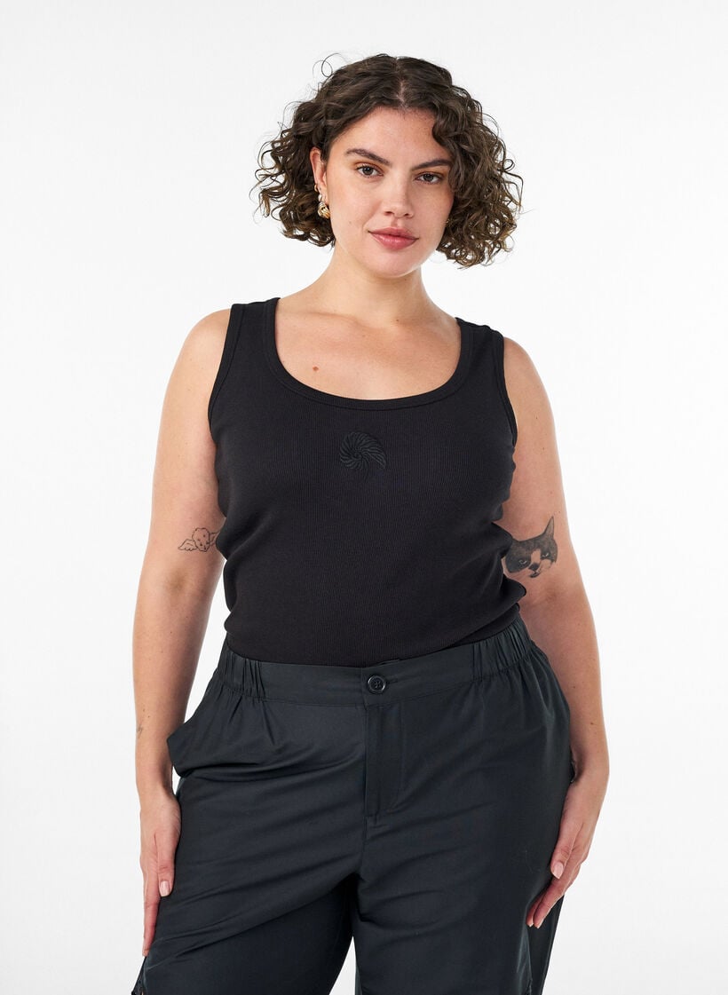 Nauwsluitende top met motief, Zwart, Model image number 0