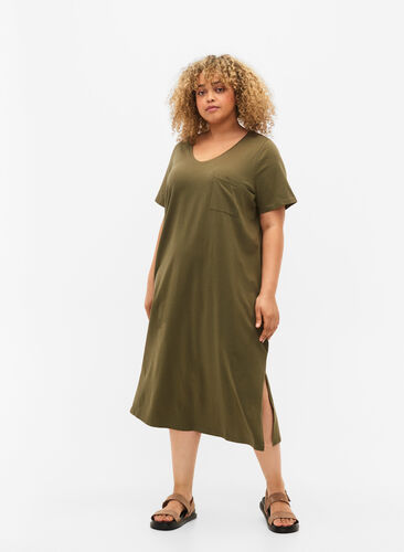 Katoenen jurk met korte mouwen en split, Ivy Green, Model image number 2