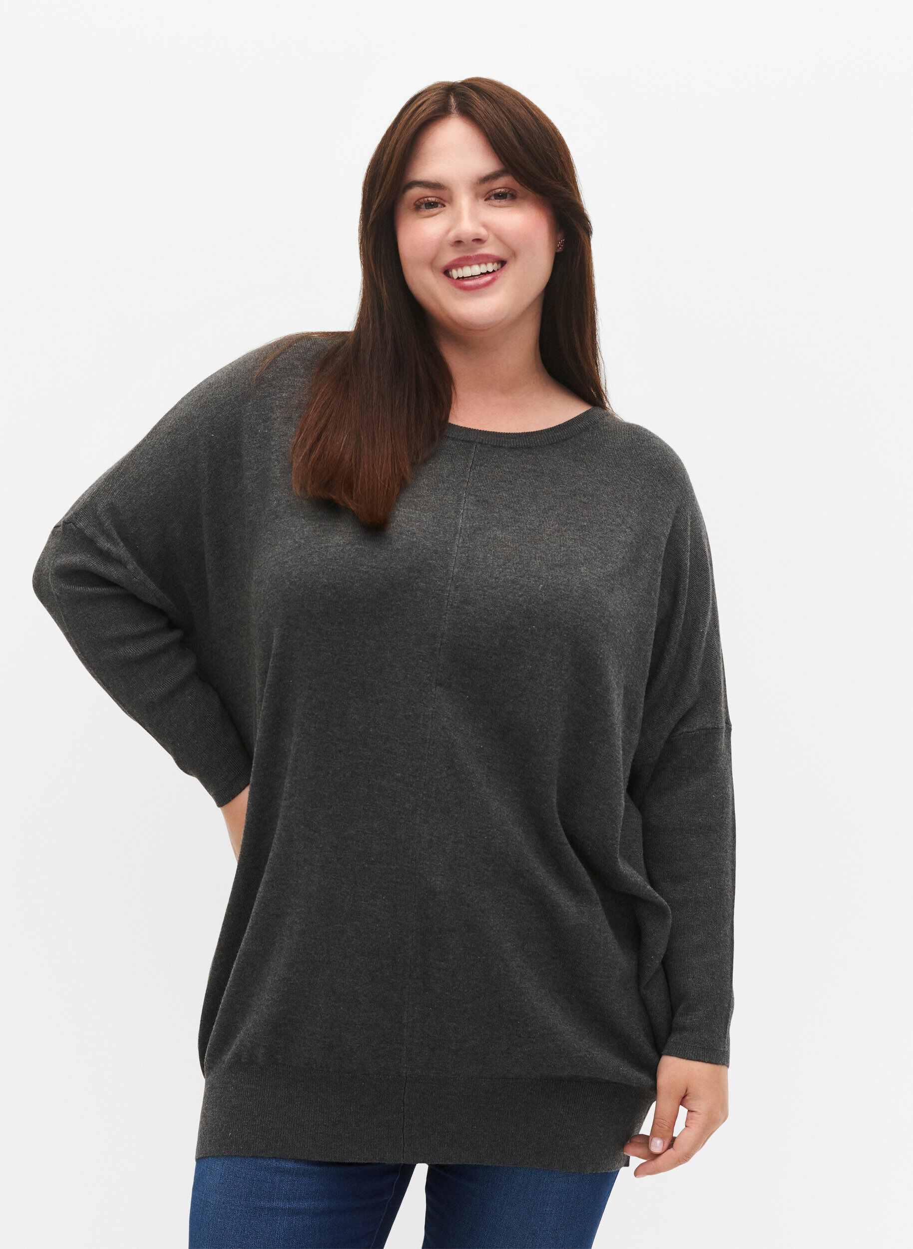 Zizzi Gebreide tuniek in viscosemix, Dark Grey Melange, Model image number 0