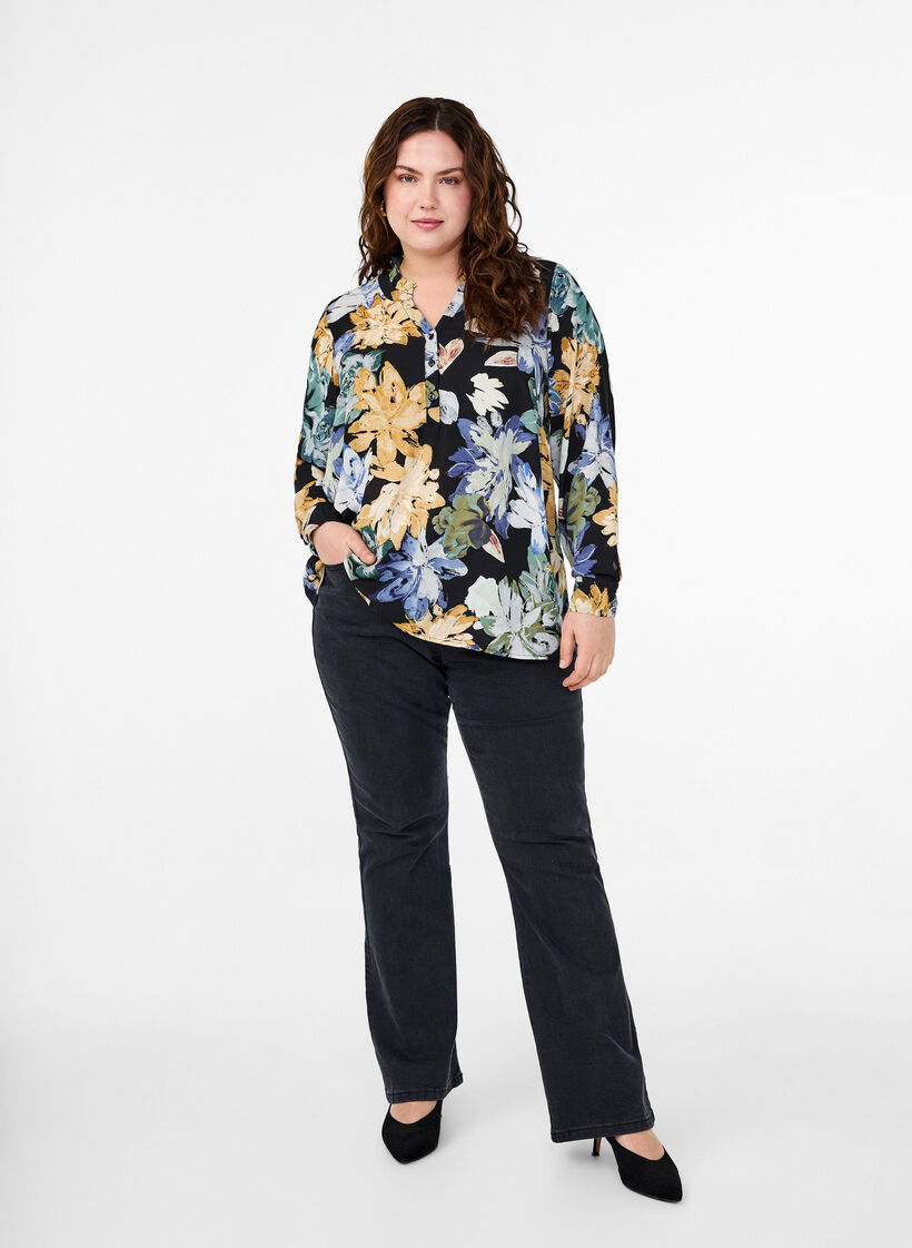 Blouse met lange mouwen en bloemenprint, Yellow Flower AOP, Model image number 2