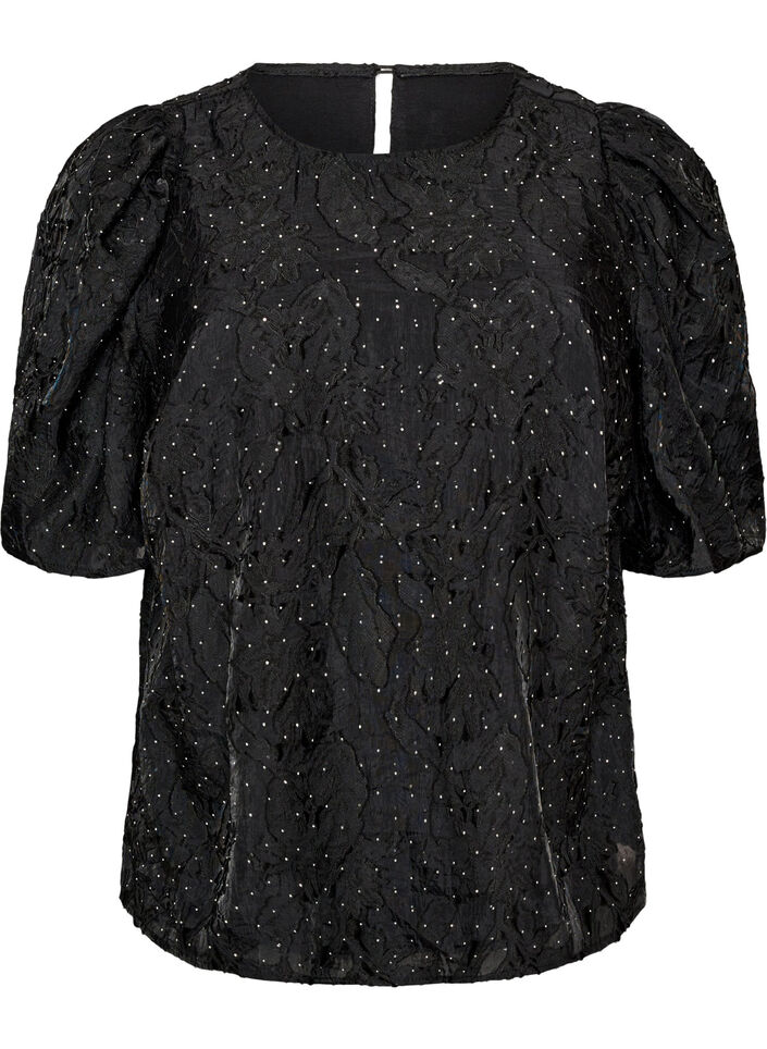 Jacquard blouse met sprankelende details en pofmouwen, Zwart, Packshot image number 0