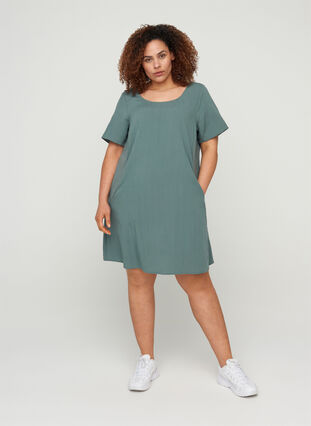 Viscose jurk met korte mouwen en zakken, Balsam Green, Model image number 2
