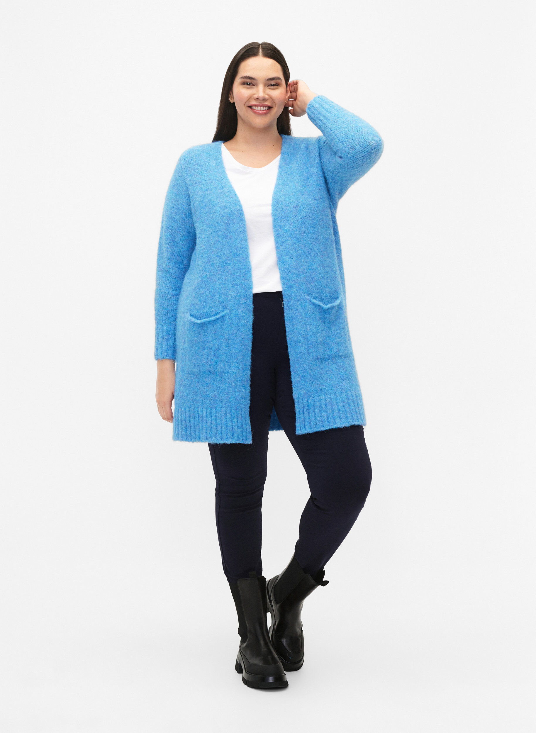 Zizzi Lang, gebreid wollen vest met zakken, French Blue, Model image number 2