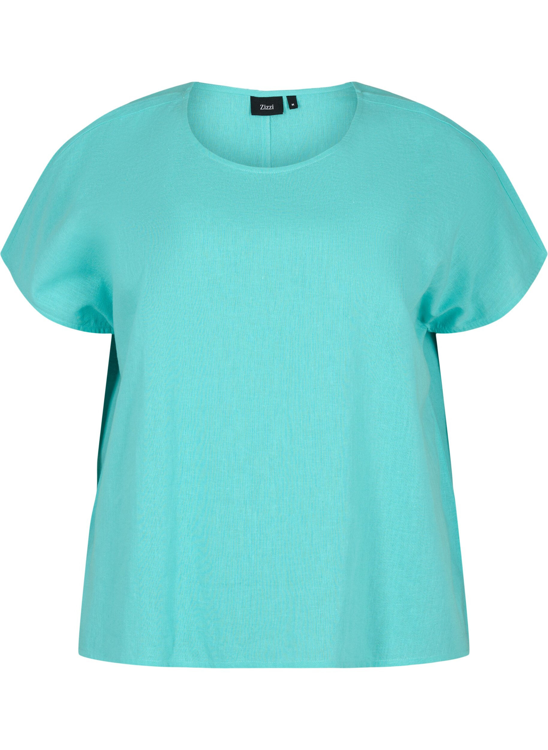 Zizzi Katoenen blouse met korte mouwen van katoenmix met linnen, Turquoise, Packshot image number 0