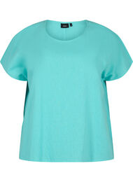 Katoenen blouse met korte mouwen van katoenmix met linnen, Turquoise