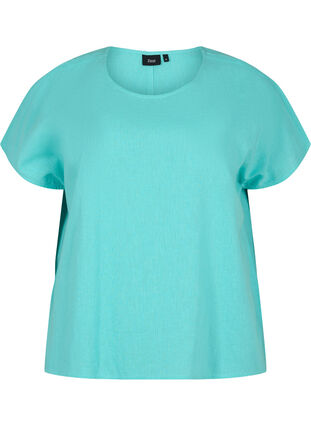 Katoenen blouse met korte mouwen van katoenmix met linnen, Turquoise, Packshot image number 0