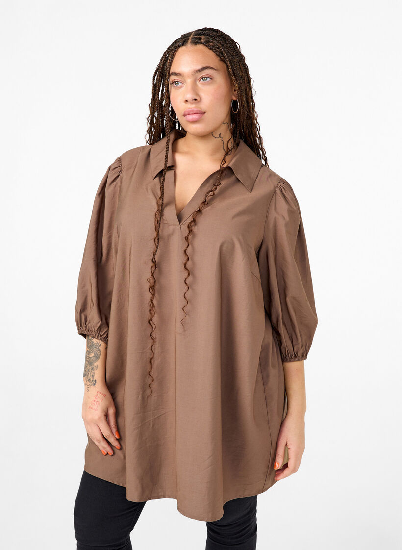 Tuniek van viscose met V-hals en kraag, Chocolate Chip, Model image number 0