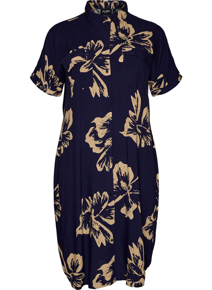 Lange overhemdjurk met korte mouwen, Blauw, Packshot image number 0