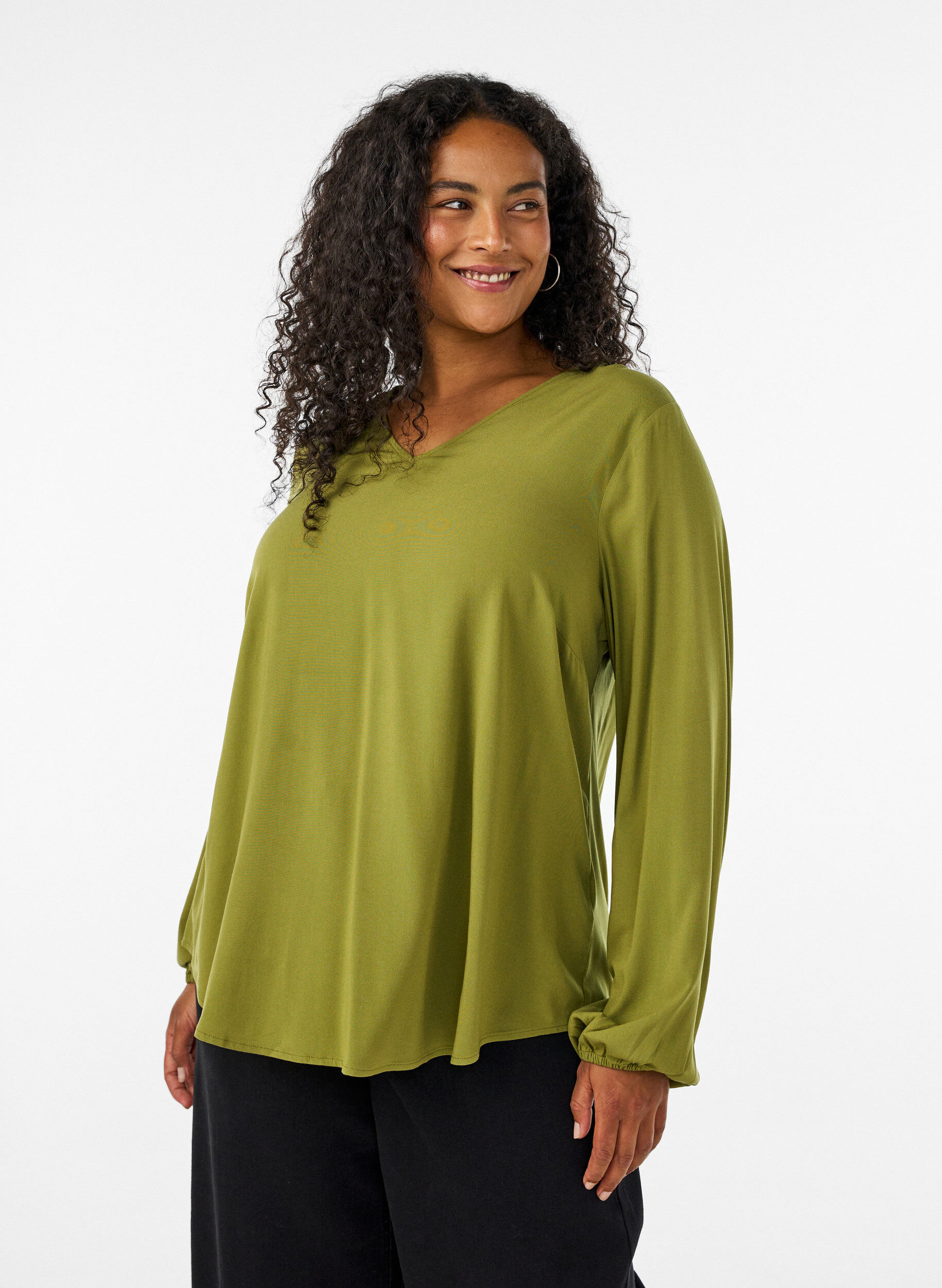 ZizziViscose blouse met V-hals en lange mouwen, Groen, Model image number 0
