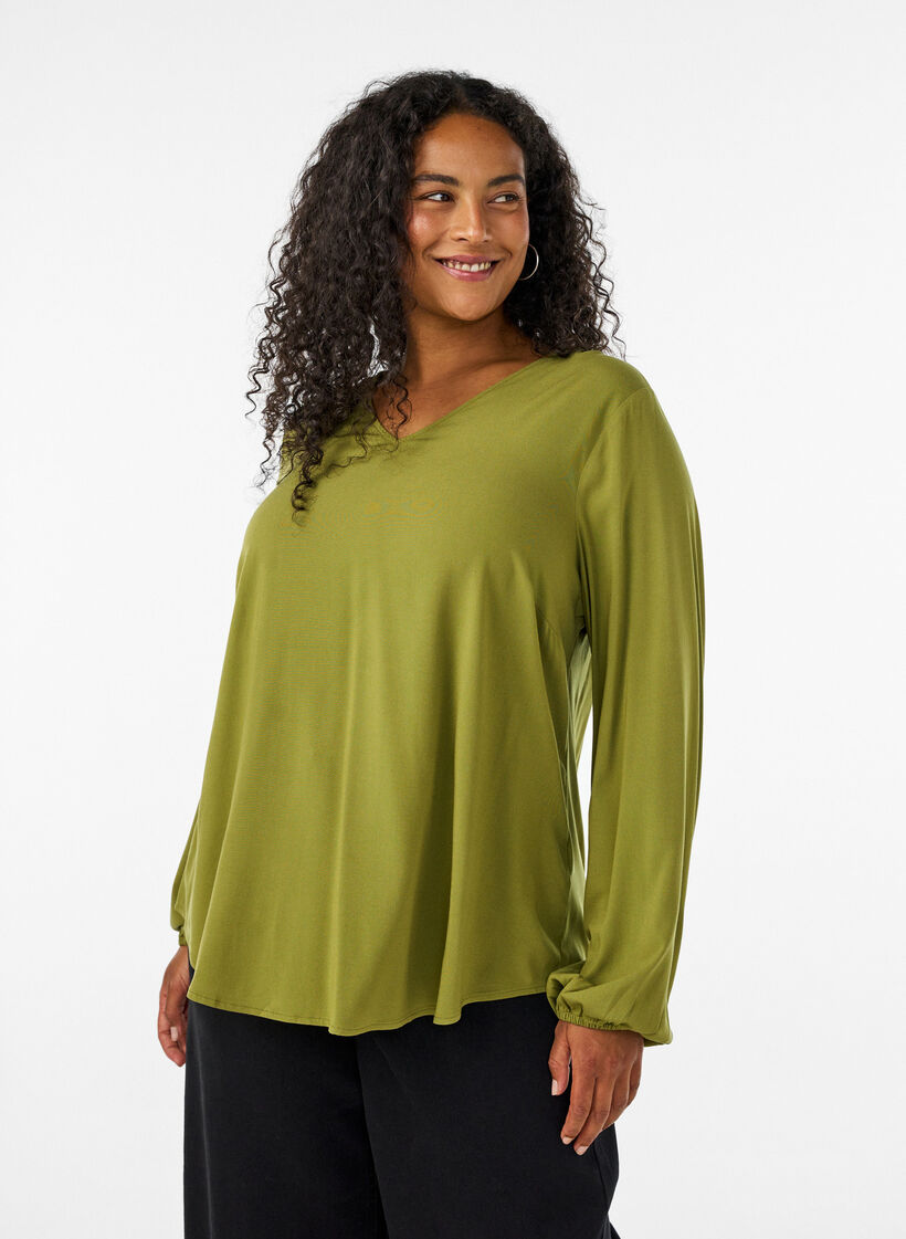 Viscose blouse met V-hals en lange mouwen, Groen, Model image number 0