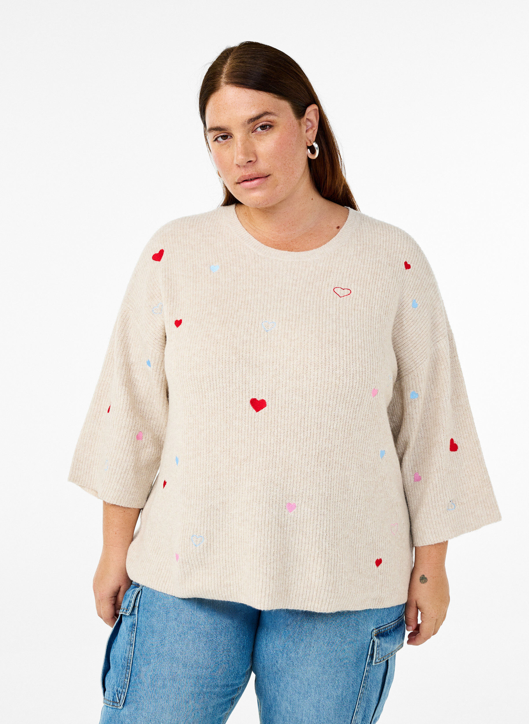 ZizziGebreide blouse met hartjes en 3/4 mouwen, Beige, Model image number 0