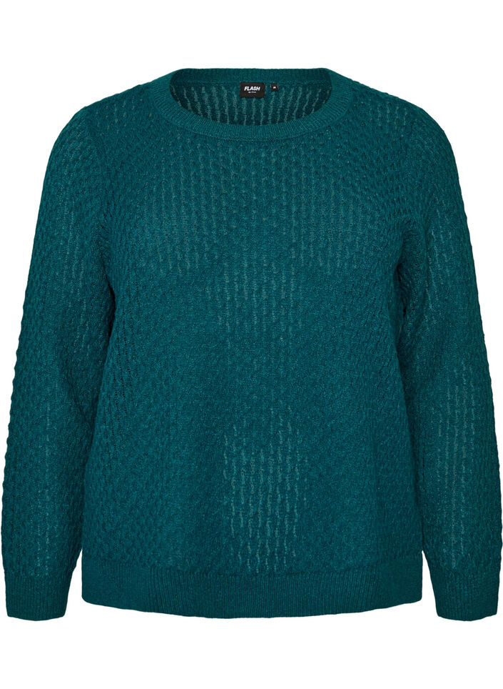 Gebreide blouse met een opengewerkt structuurpatroon, Groen, Packshot image number 0