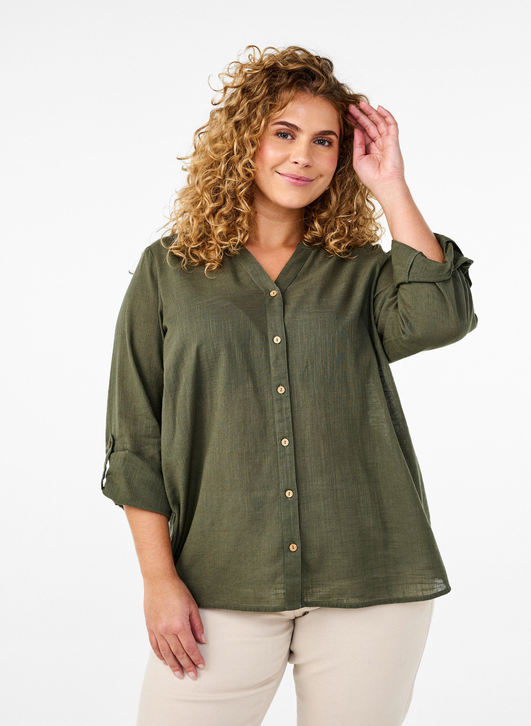 Zizzi Katoenen blouse met een V-hals, Groen, Model image number 0