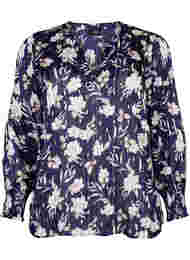 Bedrukte blouse met smok en v-hals, Blue Flower