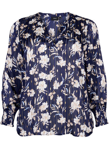 Bedrukte blouse met smok en v-hals, Blue Flower, Packshot image number 0