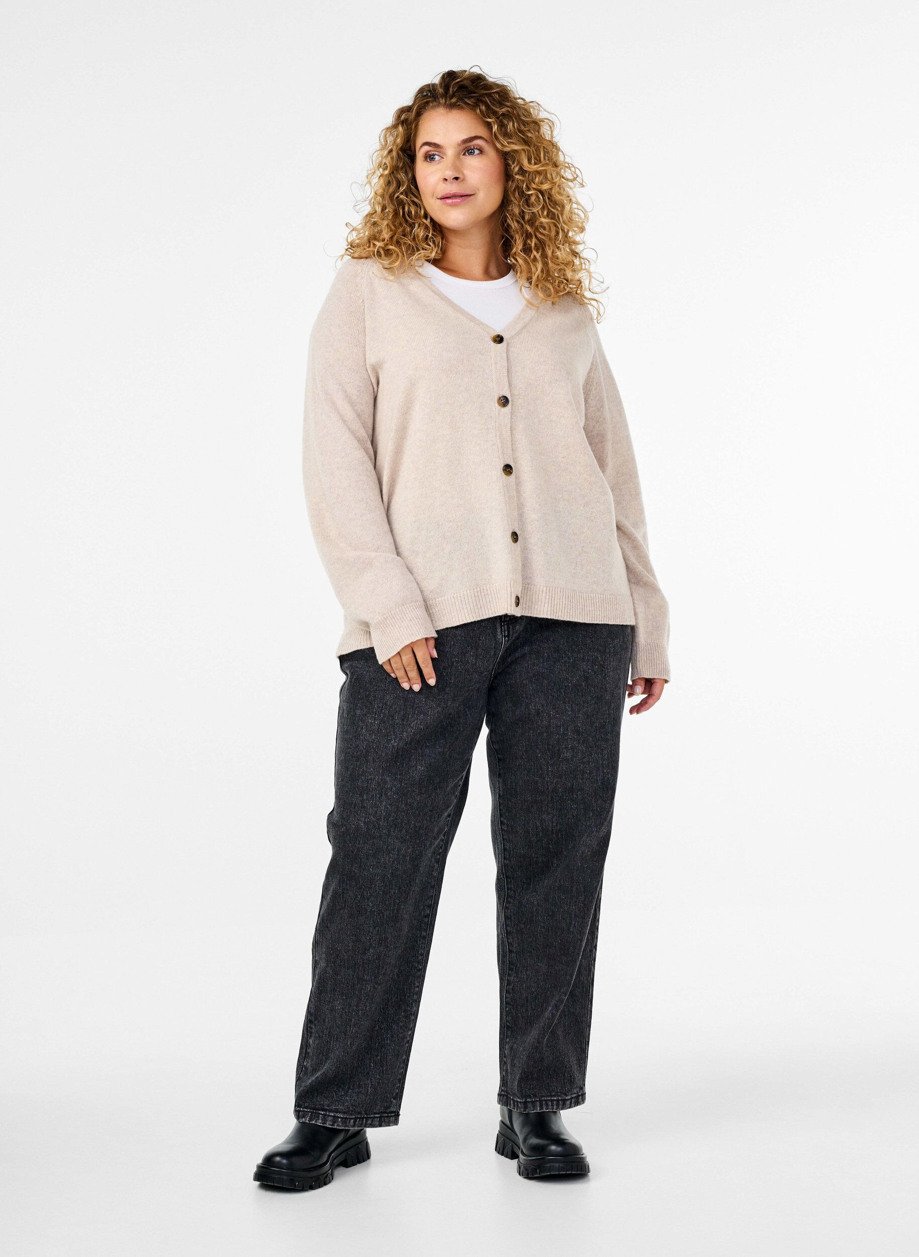 Zizzi Gebreide cardigan in merinowol, Pumice Stone Mel., Model image number 2