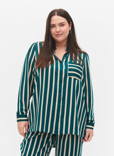 Gestreept shirt met lange mouwen, Green Stripe, Model image number 0