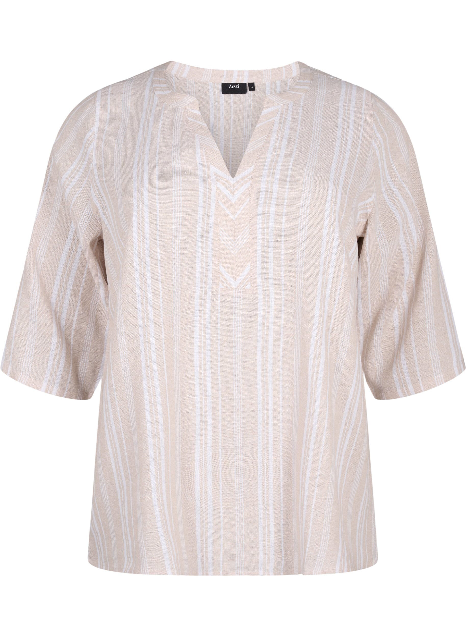 Zizzi Gestreepte blouse in een mix van linnen en viscose, Beige, Packshot image number 0