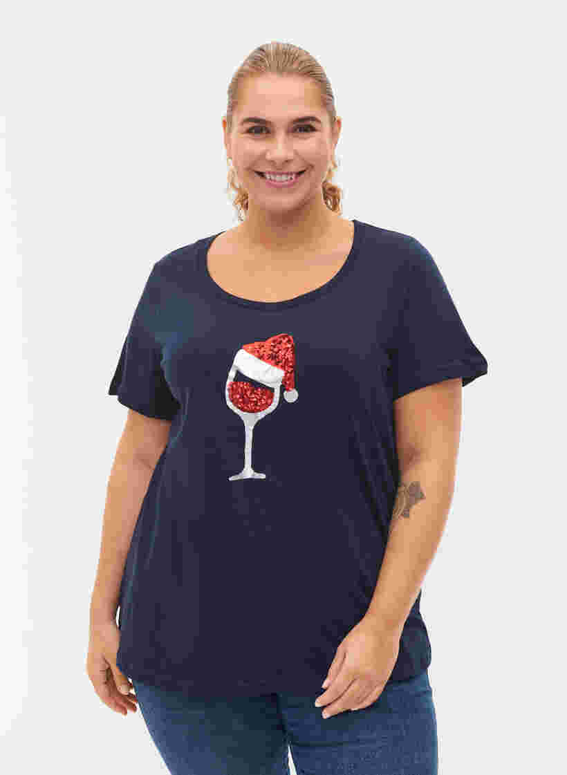 Kerst t-shirt in katoen, Navy Blazer Wine, Model image number 0
