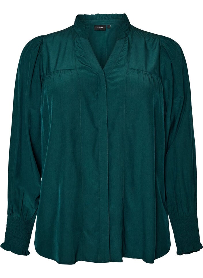 Blouse met ruches kraag en plooien, Groen, Packshot image number 0