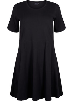 Effen katoenen jurk met korte mouwen, Black Solid, Packshot image number 0